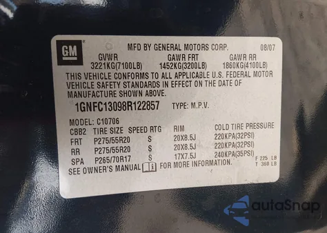 2008 Chevrolet Tahoe Lt из США, поврежденный, VIN 1GNFC13098R122857